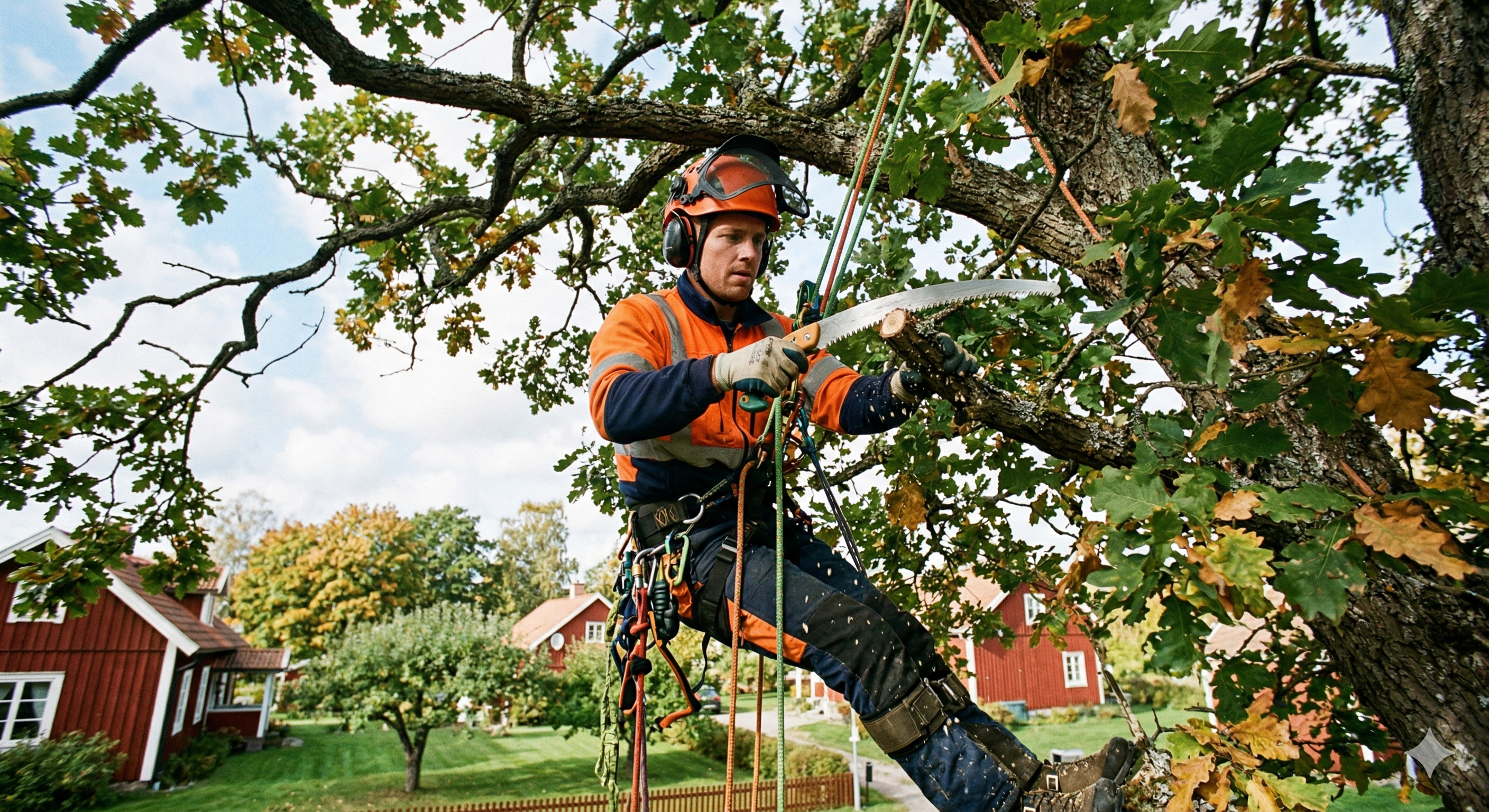 Utbildad arborist beskär stort lövträd