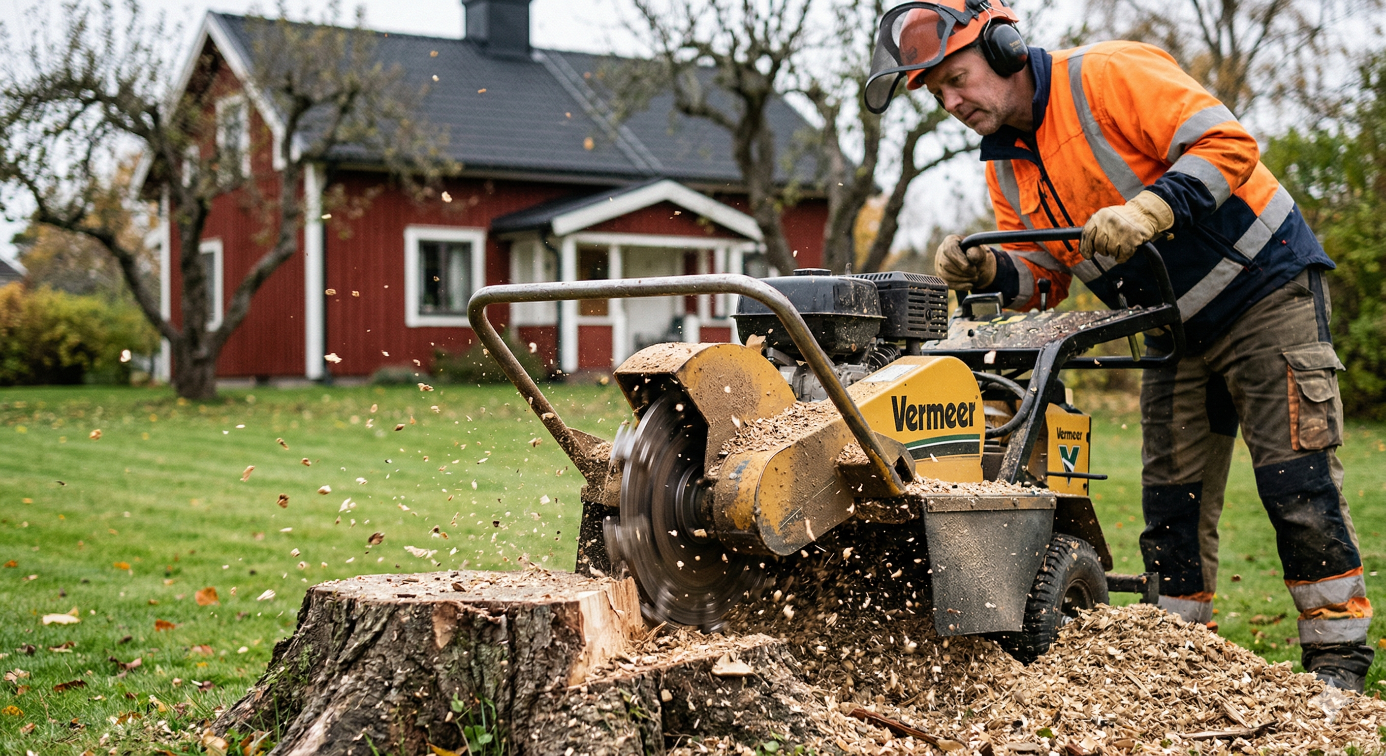 Stubbfräsning efter trädfällning på villatomt