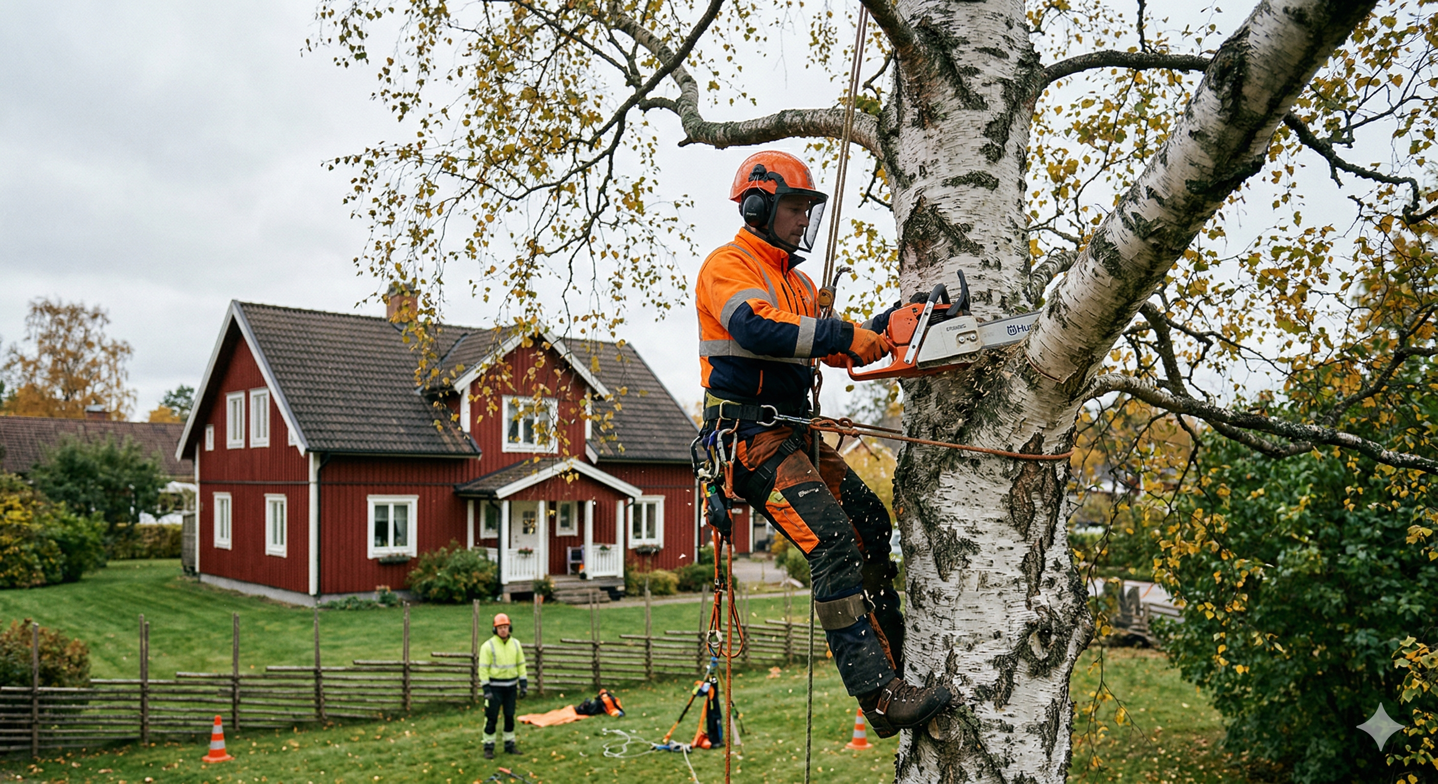 Arborist utför sektionsfällning av stort träd i Stockholm